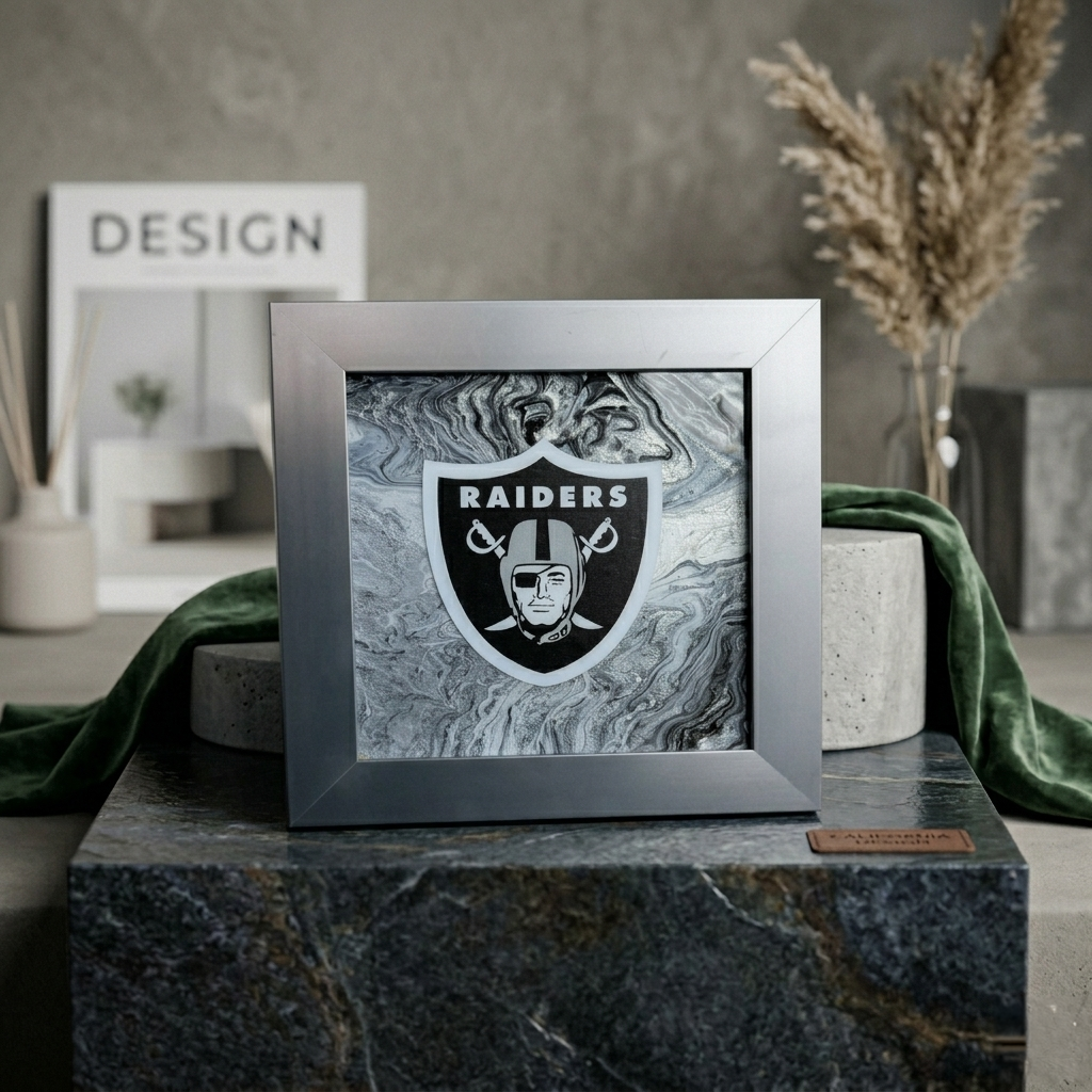 Raiders fluid art piece in silver frame